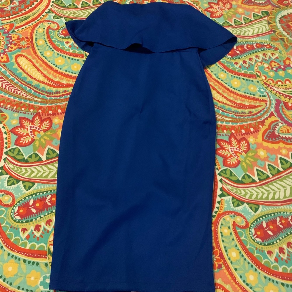 Strapless midi bandeau frill blue